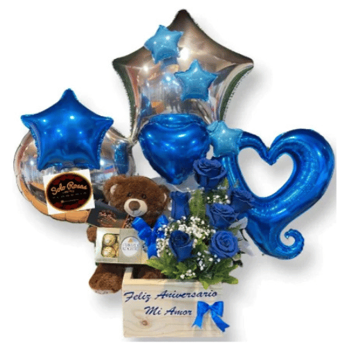 Box tierno de rosas azules con chocolate