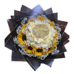 Ramo de 24 rosas blancas y girasoles