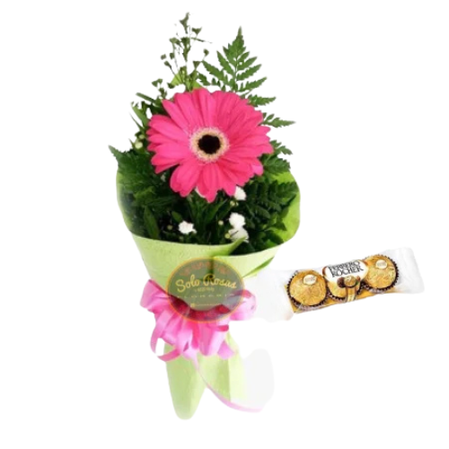 Ramo de 1 gerbera con globo y chocolates Ferrero envuelto con lazo rosa