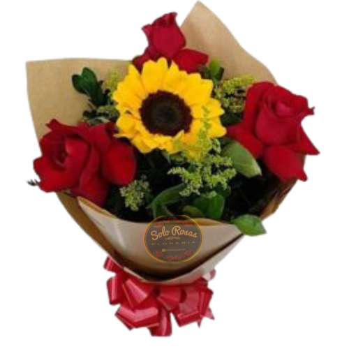 Ramo de 3 Rosas y 1 Girasol
