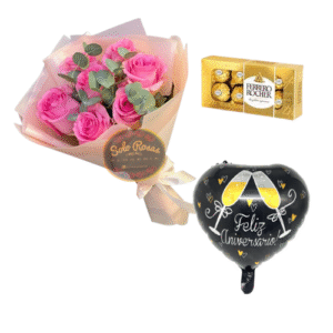 Pack de aniversario con ramo de rosas rosadas, chocolates Ferrero y globo en Santiago