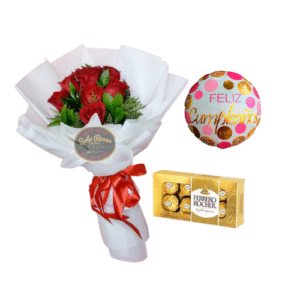 Pack de cumpleaños con ramo de 3 rosas, chocolate y globo.