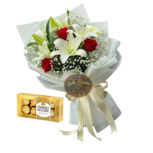 Pack de cumpleaños con ramo de Lilium, rosas rojas y chocolates Ferrero en Santiago