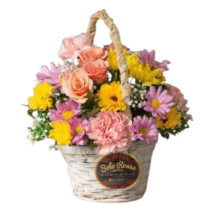 Canasta floral con margaritas blancas, rosas rosadas y claveles surtidos en caja rústica