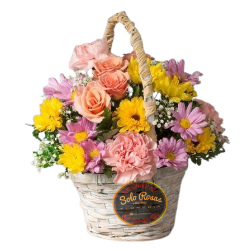 Canasta floral con margaritas blancas, rosas rosadas y claveles surtidos en caja rústica