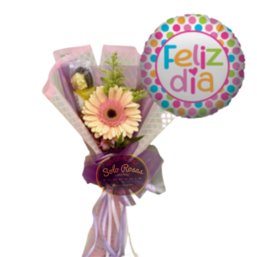 Ramo de gerbera con globo y chocolates Ferrero Rocher