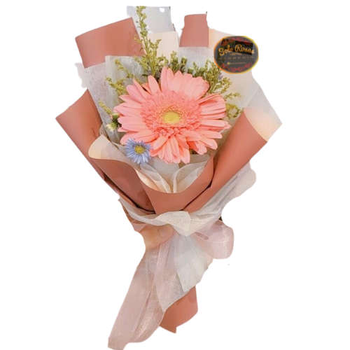 Ramo de una gerbera rosada natural con envoltorio decorativo, ideal para regalar y sorprender con un detalle floral único