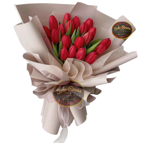 Ramo de 20 tulipanes rojos frescos con envoltorio elegante