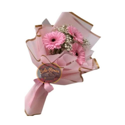 Ramo de 3 gerberas rosadas envuelto en papel decorativo con cinta rosa,
