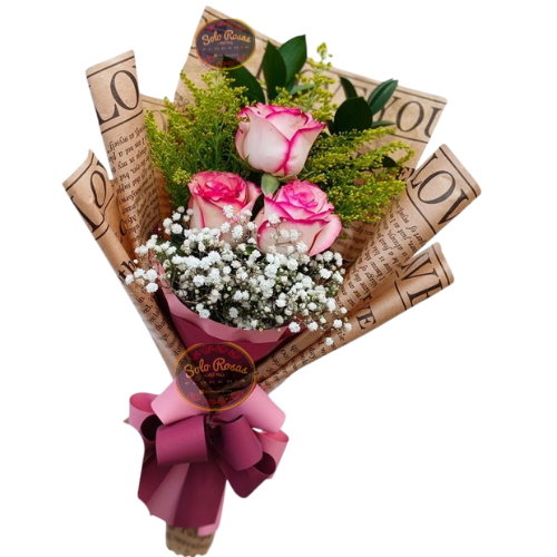 Ramo de 3 rosas delicadas envueltas con cinta elegante.