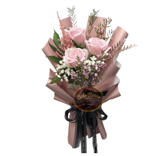 Ramo de 3 rosas rosadas delicadas con follaje en Santiago