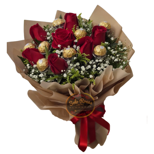 Ramo de 8 rosas rojas acompañado con 8 chocolates Ferrero Rocher