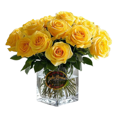 Cubo de 15 rosas amarillas frescas dispuestas elegantemente en un arreglo floral
