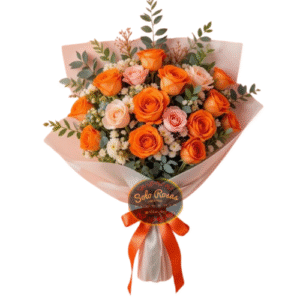 Ramo de rosas naranja y rosadas con follaje fresco, entrega en Santiago