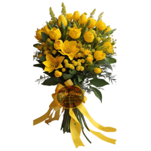 Ramo de 30 tulipanes amarillos frescos y elegantes con follaje verde.