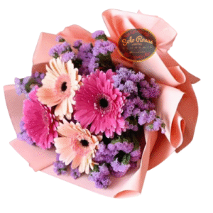 Ramo de 4 gerberas y Statice con tarjeta personalizada