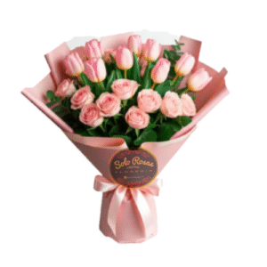 Ramo elegante de 10 rosas rosadas y 10 tulipanes rosados con entrega a domicilio