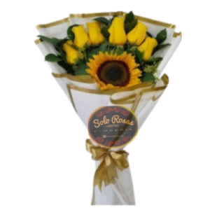 ramo de 6 rosas amarillas y un girasol