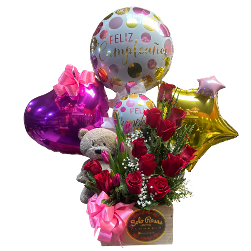 arreglo de 12 rosas rojas con peluche y globos en caja para cumpleaños con entrega en Santiago