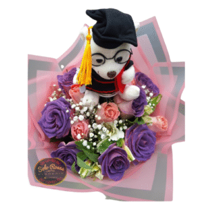 Ramo de rosas rosadas y moradas graduación con peluche para entrega en Santiago