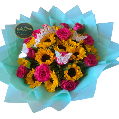 Ramo de 12 rosas rosadas y 20 girasoles con tiara y mariposas
