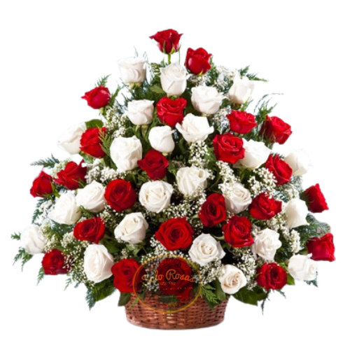 Canasta navideña de 48 rosas blancas y rojas con follaje decorativo
