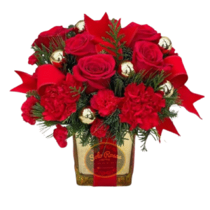 Centro de mesa de 6 rosas y claveles frescos con base decorativa