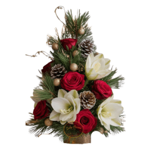 Centro de mesa navideño con rosas rojas y lilium blancos en base de madera