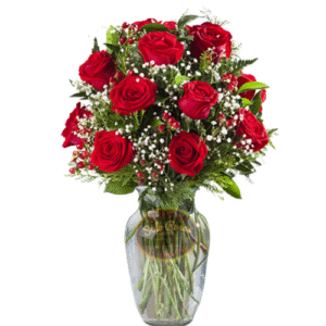 Florero de 12 rosas rojas con follaje decorativo, arreglo floral navideño