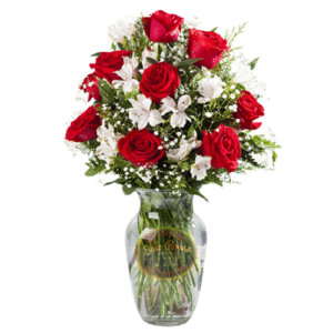 Florero de 12 rosas rojas con astromelias blancas, arreglo floral navideño