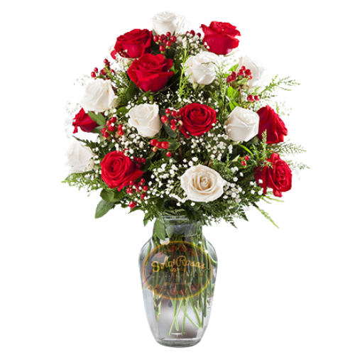 Florero de 24 rosas frescas en elegante florero de vidrio