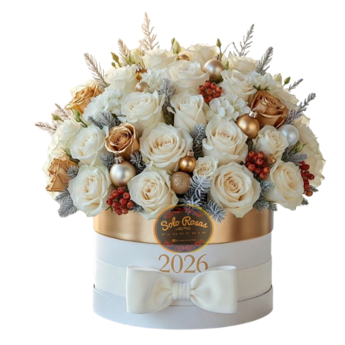 Centro floral Año Nuevo con rosas blancas y detalles dorados