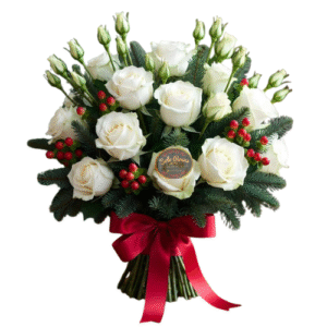 Ramo de 12 rosas y hypericum con envoltura elegante y follaje decorativo