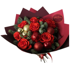 Ramo navideño de rosas rojas con decoración festiva