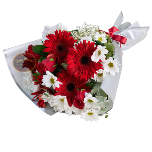 Ramo de gerberas rojas con rosas y margarita