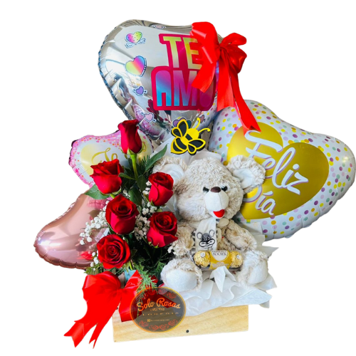 caja de madera con peluche de 30 cm y seis rosas