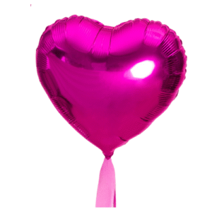 Globo metálico en forma de corazón color fucsia inflado con helio, ideal para regalos románticos y celebraciones especiales