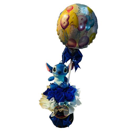 Box con 8 rosas de jabón azules, peluche Stitch de 14 cm y globo decorativo de cumpleaños
