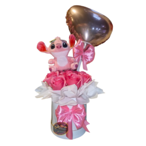 Box con 8 rosas de jabón rosadas, peluche Angela de 10 cm y globo en forma de corazón