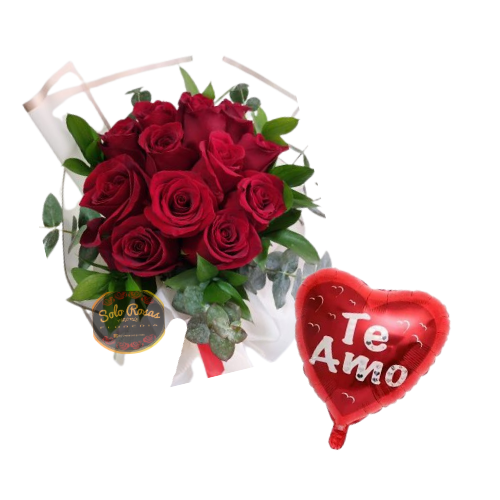 Combo de 12 rosas rojas con globo Te Amo y eucalipto decorativo