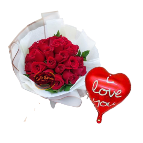 Combo de 24 rosas rojas con globo I Love You y presentación elegante