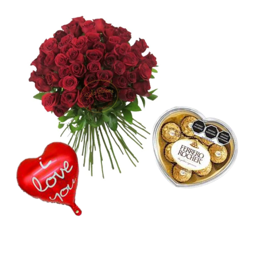 Combo de 50 rosas rojas con globo Love You y chocolates Ferrero en forma de corazón