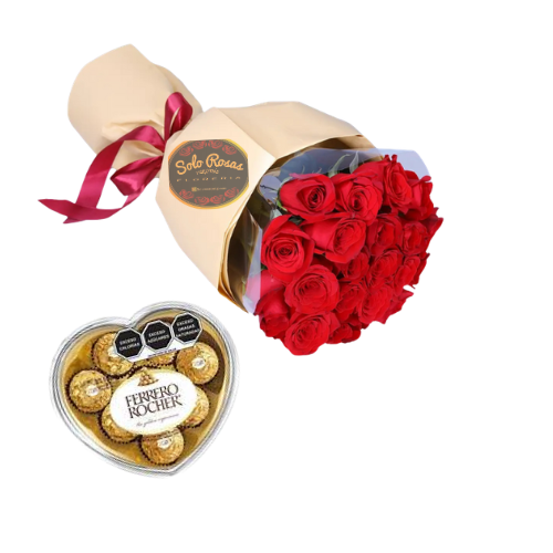 Ramo de 24 rosas rojas con chocolate Ferrero en forma de corazón y envoltura elegante