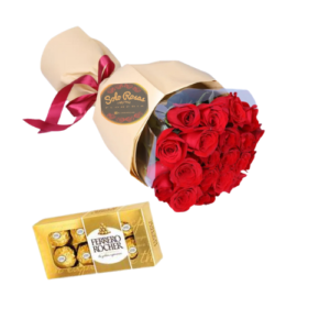 Ramo de rosas rojas con chocolates Ferrero Rocher en presentación elegante