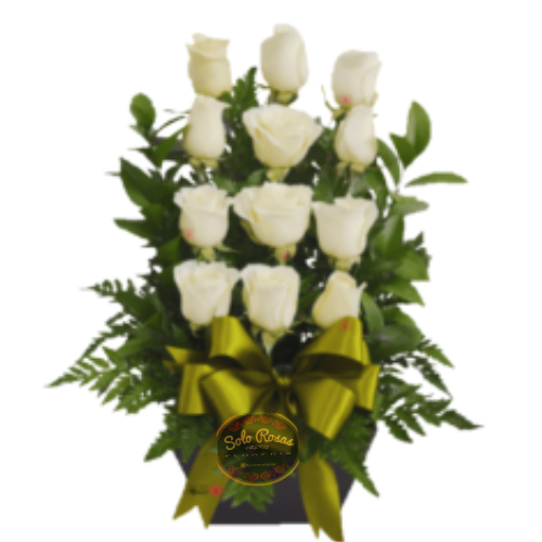 Arrimo de 12 rosas blancas premium con follaje natural y base decorativa elegante.