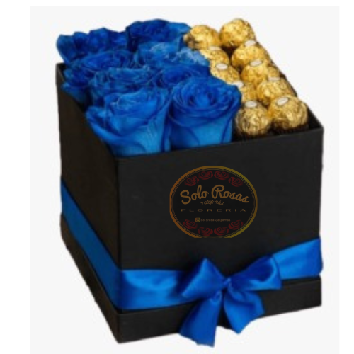 Box de 6 rosas azules premium acompañado de 10 chocolates Ferrero Rocher en elegante caja de regalo.