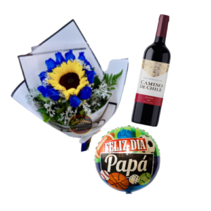 Combo Día del Padre con 12 rosas azules, girasol, botella de vino y globo decorativo.