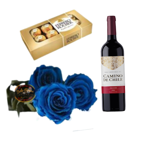 Ramo de 3 rosas azules con chocolates Ferrero y vino tinto