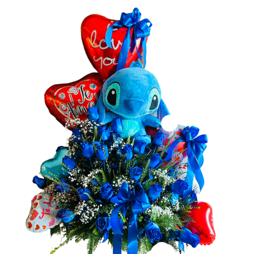 Ramo Premium de 24 rosas azules con peluche Stitch de 40 cm y globos metalizados.