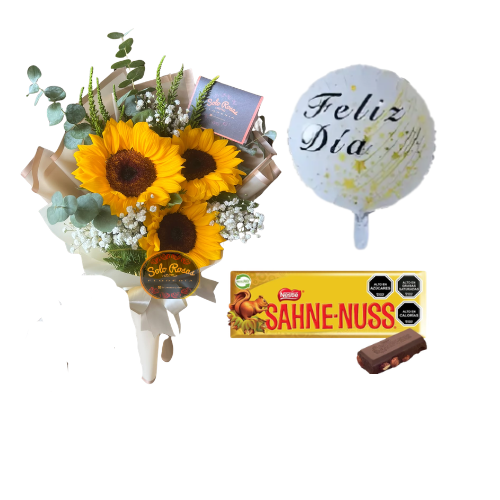 Combo regalo ramo de 3 girasoles globo feliz dia y chocolate sahne-nuss